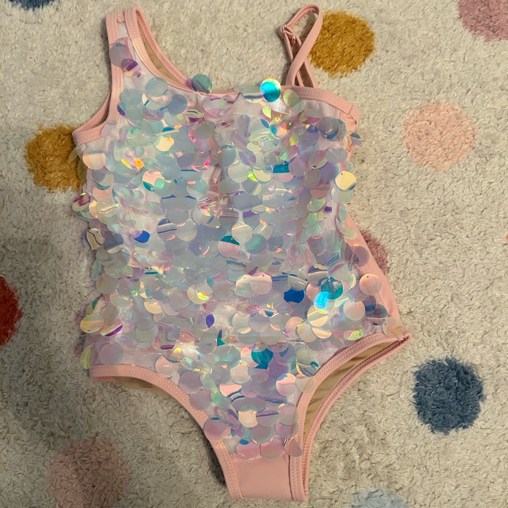 Brand New Girls One Piece One Shoulder Sequined Swimsuit UPF 50+  Size 3T